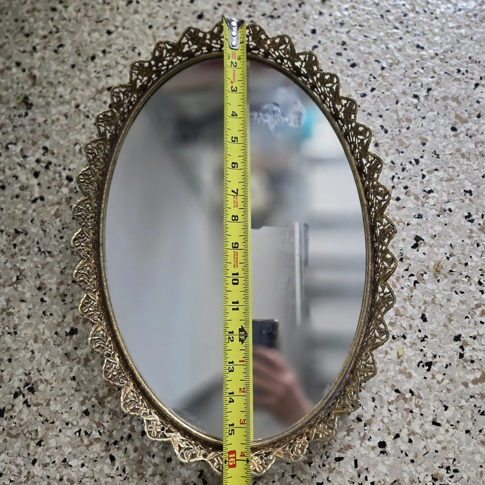 Vintage Hollywood Regency Vanity Mirror Tray Gold Tine Edge Oval 16x11.5